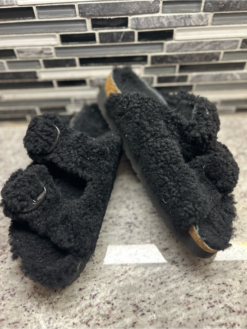 Birkenstock Papillio women’s Black Fuzzy Slide Sandals size 9(40)